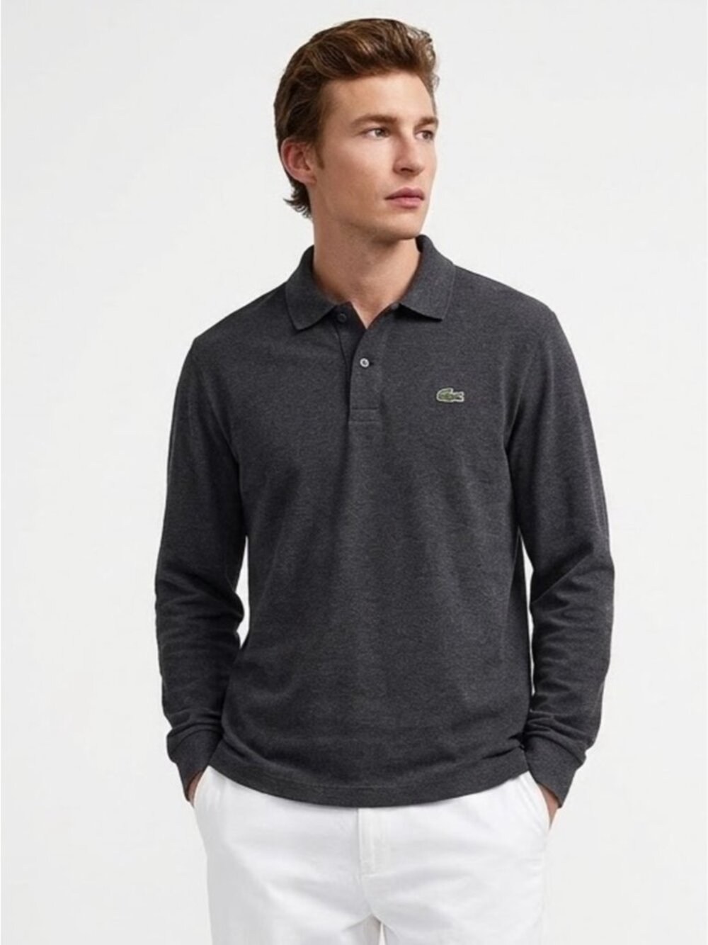 Lacoste Dark Grey Long Sleeve Cotton Polo Shirt Embroidered Crocodile Logo XL